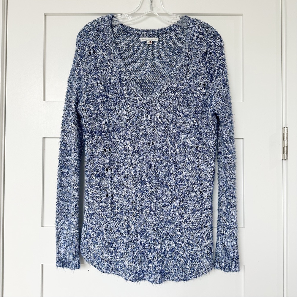 AEO Blue and White Cable Knit Sweater